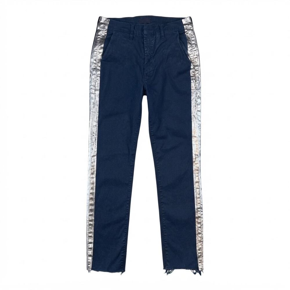 Mother Metallic Silver Athletic Side Stripe Blue Pants | Size 24